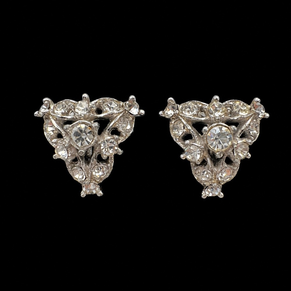 Bogoff Vintage Silver Tone Clear Rhinestone Triangle Clip On‎ Earrings MCM